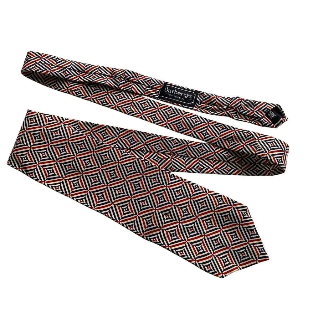 Vintage Burberrys of London Men's Tie Necktie Silk Hand Sewn Blue Red Beige